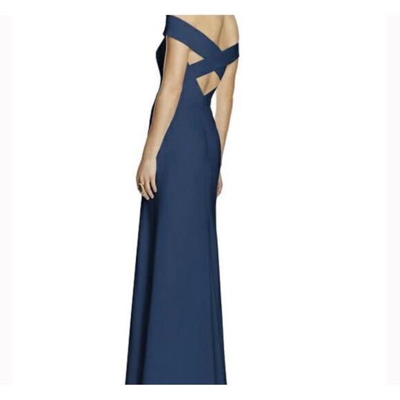 Dessy Collection Style #2987 Off Shoulder Crepe Bridesmaid Maxi Dress Navy Blue - Picture 1 of 12